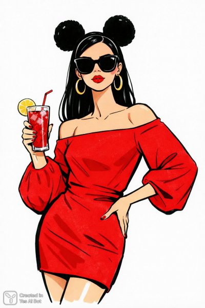 Яркая женщина в красном с помпонами и напитком на фоне. Картинка из нейросети Sora images Ai