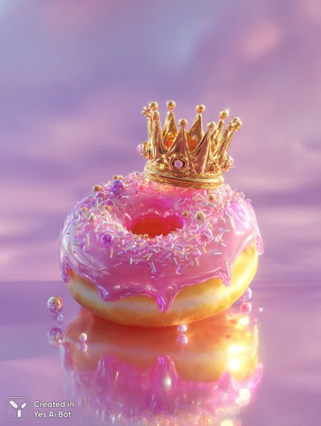 Розовый пончик с золотой короной на лавандовом фоне. Картинка из нейросети Миджорни