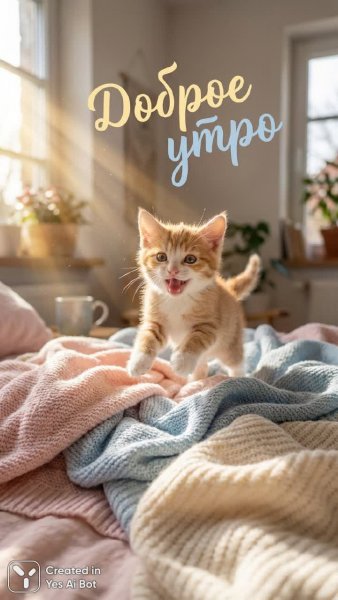 Утреннее чудо: игривый котенок в лучах солнца и с улыбкой на мордочке. Картинка из нейросети NanoBanana