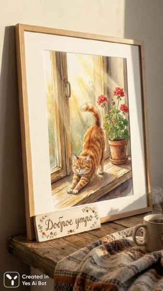 Утреннее приветствие кота на окне в лучах солнца. Картинка из нейронной сети Нано Банана