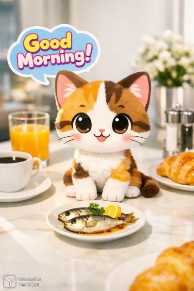 Утреннее настроение: милый котенок за завтраком в стиле минимализма и фотореализма. Изображение из нейронной сети Sora images Ai