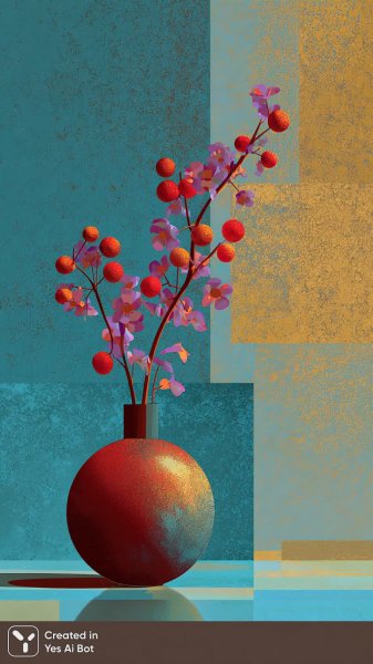 Яркий натюрморт с вазой и цветами в пастельных тонах на полосатом фоне. Нейросеть Midjourney