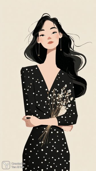 Девушка в горошек с букетом цветов и ножницами. Нейросеть Midjourney