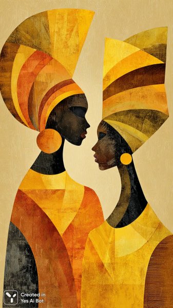 Африканские женщины: смелые головные уборы и абстрактный стиль. Картинка из нейронной сети Миджорни