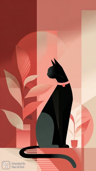 Минималистичный кот в розовом ошейнике на ярком фоне. Изображение из нейронной сети Midjourney