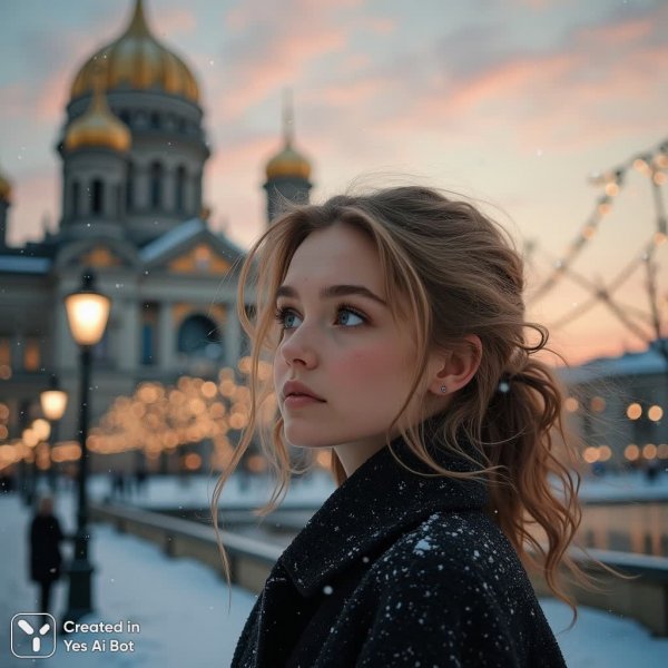 Размышления на фоне архитектурной красоты и зимнего вечера в городе. Изображение из нейросети Flux