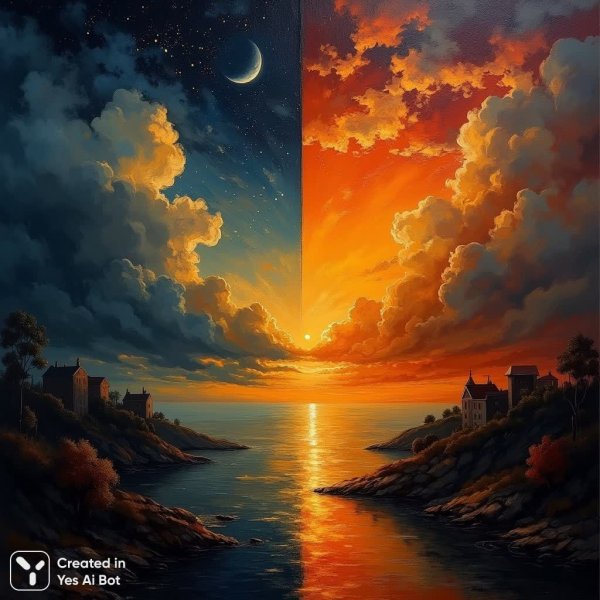 Разделение дня и ночи: захватывающая картина контрастов света и тени в романтическом стиле. Генерация из нейросети Flux