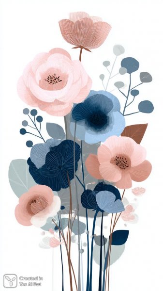 Яркий букет: розовые и голубые цветы с игривыми деталями и темными стеблями. Генерация из нейросети Midjourney