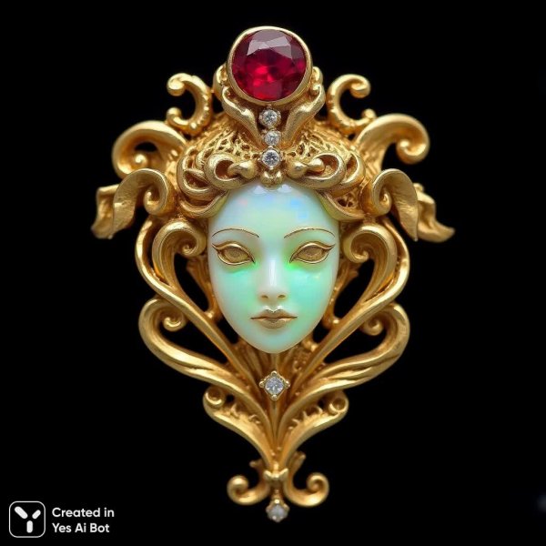 Изящная брошь в стиле модерн: Опал и золото, воплощение женственности и красоты. Генерация из нейронной сети Flux Ai