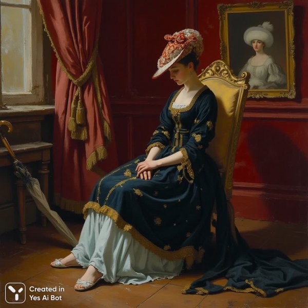 Взгляд исподлобья: задумчивость и меланхолия в интерьере эпохи импрессионизма. Картинка из нейронной сети Flux.1