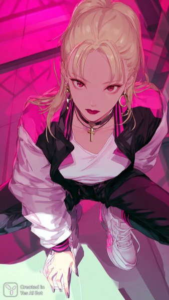 Яркая бунтарка в неоновом свете: дерзкий образ аниме-девушки с огненным взглядом и кожаной курткой. Нейронная сеть Midjourney