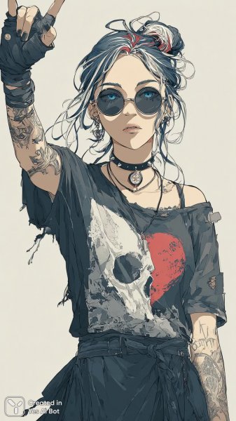 Бунтарка в городе: эмо стиль и дерзкий взгляд из-под очков. Изображение из нейронной сети Midjourney