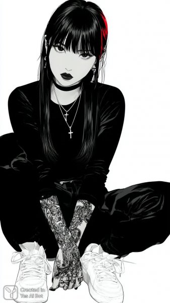 Яркая бунтарка: эмо-готика в стиле аниме с дерзким взглядом и кожаной курткой. Изображение из нейронной сети Миджорни