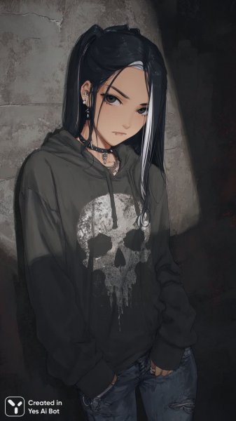 Готическая красота в темном переулке: аниме-девушка с дерзким взглядом и татуировками. Изображение из нейронной сети Midjourney