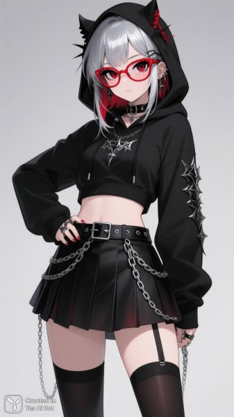 Яркая эмо-девушка в стильном образе с акцентом на аксессуары и дерзкий взгляд. Нейросеть Qwen Ai Images