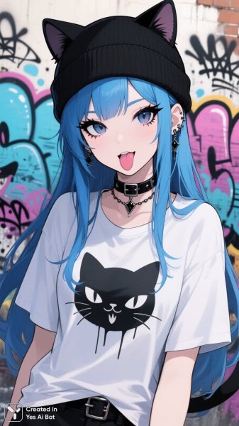 Девушка с голубыми волосами и дерзким настроением в граффити мире. Картинка из нейросети Qwen