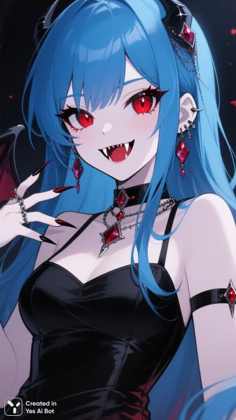 Вампирша с голубыми волосами: готический стиль и игривый взгляд аниме-девушки. Изображение из нейронной сети QWEN