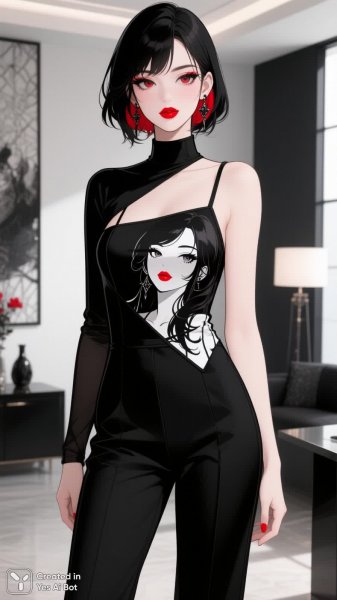 Элегантная мода: портрет в черном комбинезоне и ярких деталях. Картинка из нейронной сети QWEN