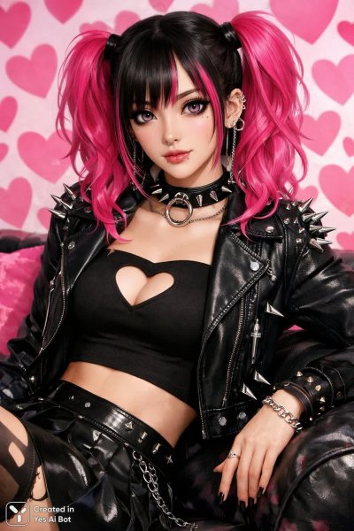 Яркая готка с розовыми косичками и дерзким настроением в стиле аниме. Нейросеть Sora Images