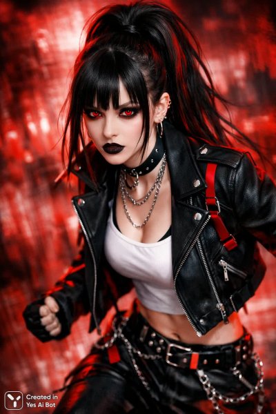 Яркая девушка в стиле эмо с красными глазами и дерзким взглядом. Генерация из нейронной сети Sora Image