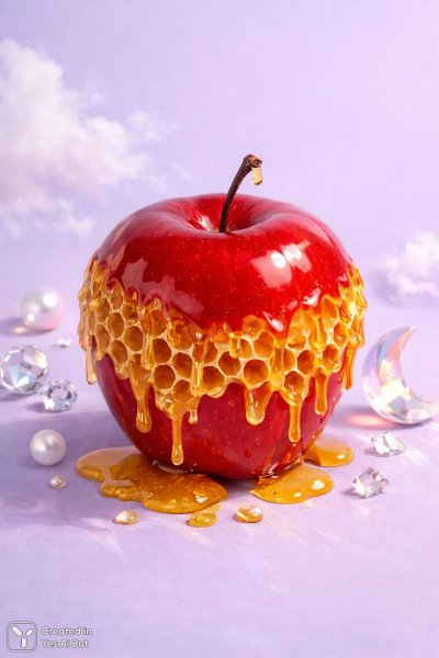 Красное яблоко и мед: мечтательный натюрморт в нежных тонах. Генерация из нейросети Sora Images