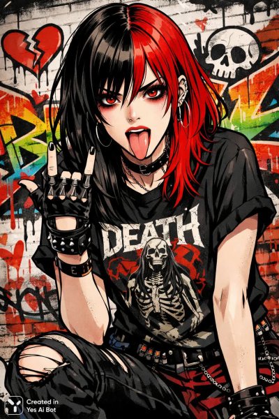 Яркая эмо-девушка с контрастной прической и дерзким взглядом в стиле комикса. Генерация из нейросети Sora Images