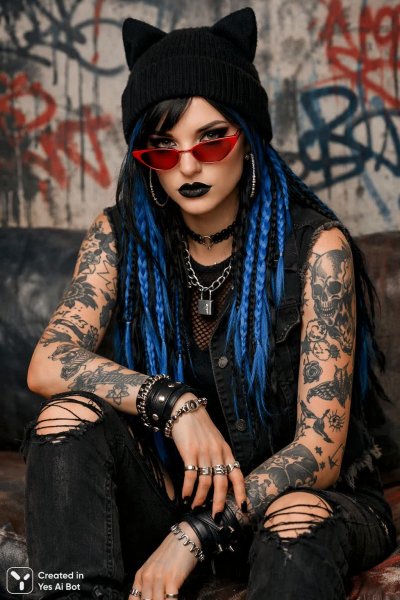 Яркая эмо-девушка с голубыми косичками и дерзким взглядом в кровавых очках. Картинка из нейронной сети Sora images Ai