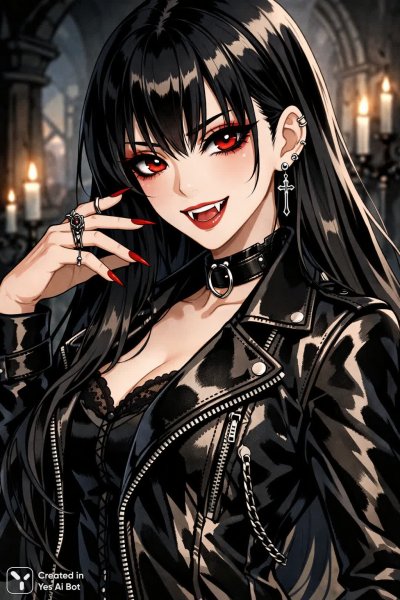 Загадочная готическая красотка: аниме арт о вампире с красными глазами и черной кожей. Картинка из нейросети Sora Ai Images