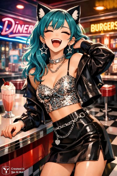 Веселая аниме девушка в ретро кафе с неоновым светом и кошачьими ушками. Нейросеть Sora Ai Images