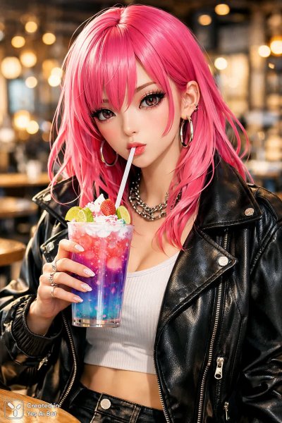 Яркая девушка в стиле аниме наслаждается напитком в уютном кафе с мягким светом и современным дизайном. Картинка из нейронной сети Sora Ai Images