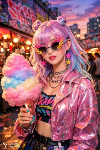 Яркая девушка в оживленном рынке с карамелью и солнцезащитными очками. Изображение из нейросети Sora images Ai