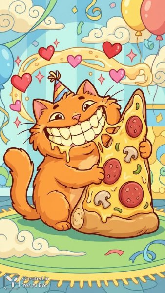 Забавный кот с огромной пиццей и сердцами вокруг. Изображение из нейросети Nano-Banana