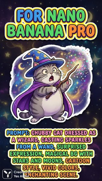 Яркий стикер с котом-волшебником и подсказка для Nano Banana Pro. Изображение из нейросети Nano-Banana