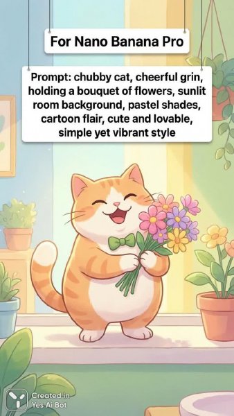 Милый кот с цветами в солнечном интерьере. Картинка из нейросети Nano-Banana