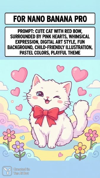 Милый котик с бантиком в розовых сердечках: иллюстрация для детей. Нейронная сеть Nano Banana
