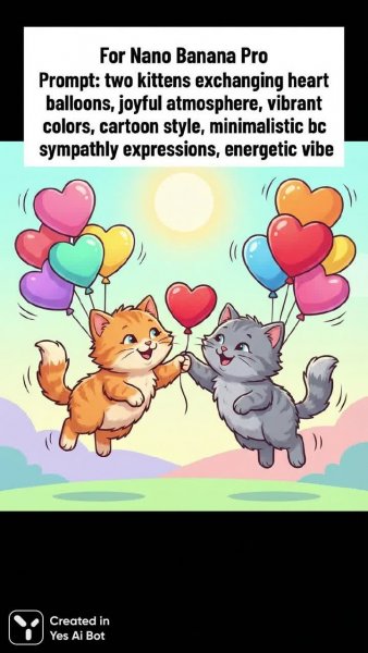 Два котенка и сердечные воздушные шары: милый мультяшный шедевр. Изображение из нейросети Nano-Banana