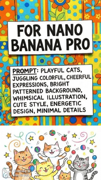 Игривые котики жонглируют разноцветными шарами в ярком стиле иллюстрации. Изображение из нейронной сети Nano-Banana