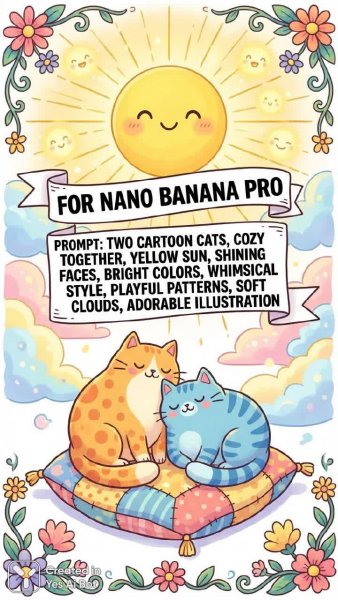 Уютные котики под солнцем: яркая и волшебная иллюстрация. Картинка из нейросети Нано Банана