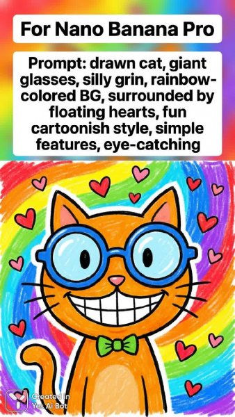 Забавный кот в очках: радужный фон и море сердец. Изображение из нейронной сети Нано Банана