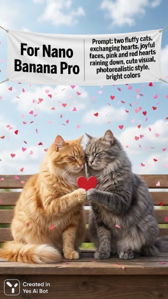 Милые коты дарят друг другу сердца в любви и радости. Генерация из нейронной сети NanoBanana