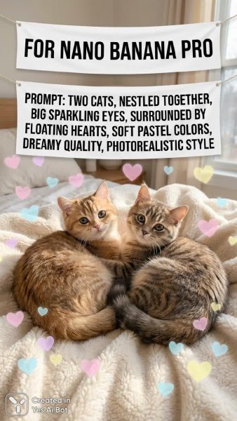 Два кота в объятиях: мечтательные сердца и пастельные тона. Картинка из нейронной сети NanoBanana