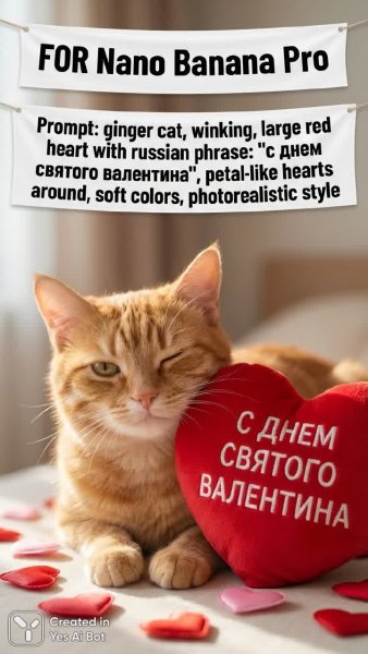 Очаровательный рыжий кот на День Святого Валентина. Изображение из нейросети NanoBanana