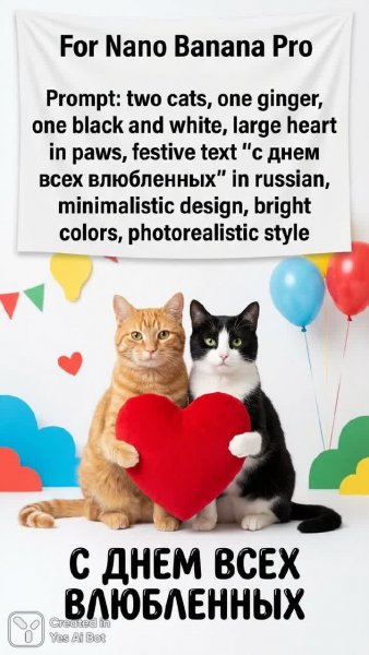 Коты с любовью: фотореалистичный дизайн ко Дня святого Валентина. Изображение из нейросети Nano Banana