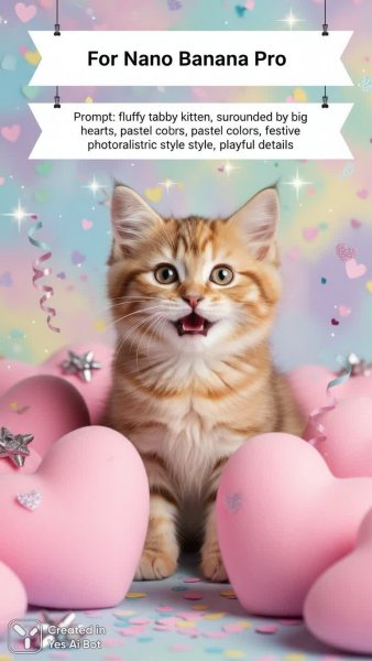 Милый котенок в розовых сердцах: праздник радости и нежности. Нейронная сеть NanoBanana