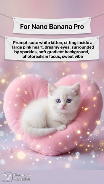 Милый котенок в розовом сердце: фотореалистичный арт с блестками и мягким градиентом. Изображение из нейронной сети Nano Banana