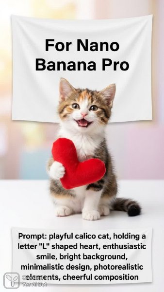 Игривый котик с сердечком: фотореалистичный дизайн для Nano Banana Pro. Генерация из нейросети Nano-Banana