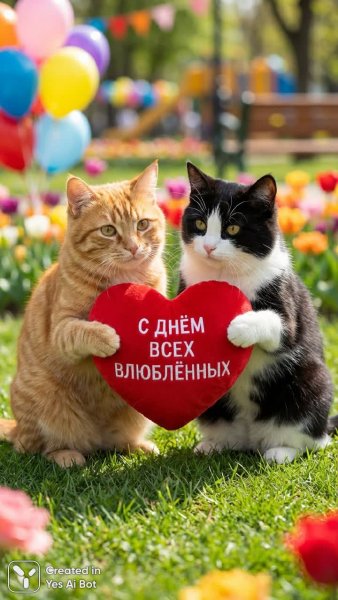 Коты-влюбленные с праздничным посланием на русском языке. Изображение из нейросети Нано Банана