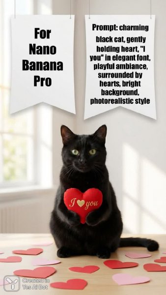 Чёрный кот с любовью и маленькими сердечками. Нейронная сеть Nano-Banana