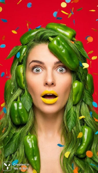 Яркий сюрреализм: женщина с волосами из перца и конфетти. Изображение из нейросети Nano-Banana