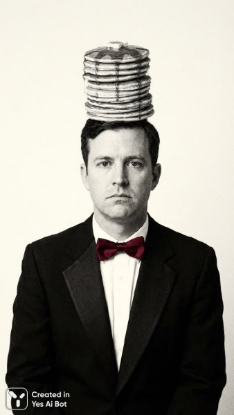 Неожиданный завтрак: мужчина в смокинге с горой блинчиков на голове. Нейронная сеть Nano-Banana